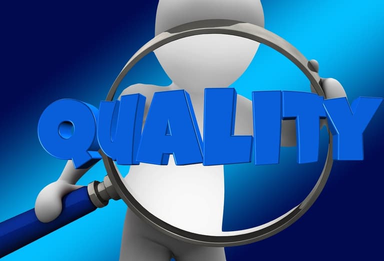 A 3D figure inspects the word 'QUALITY' through a magnifying glass on a blue background.